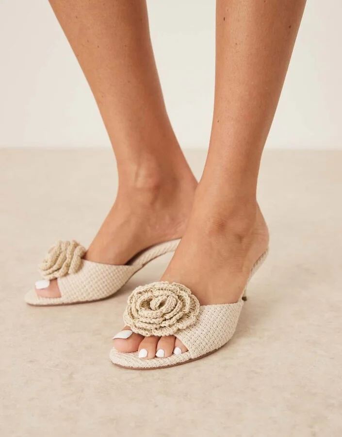 ASOS DESIGN Hush crochet mid heeled mules with flower trim in cream