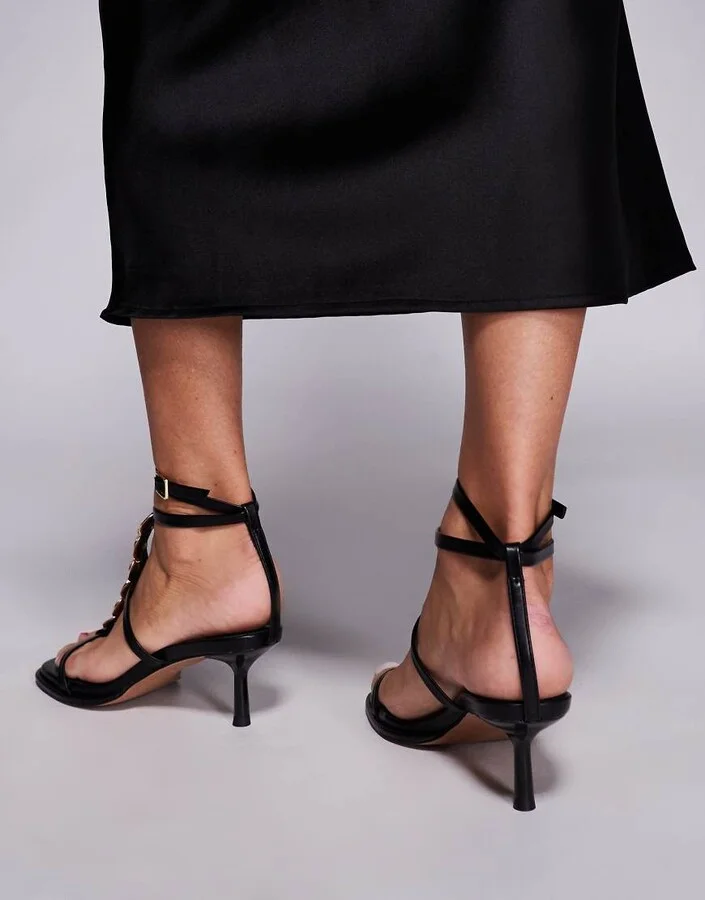 ASOS DESIGN Hyacinth gold trim detail mid heeled sandals in black - Image 3