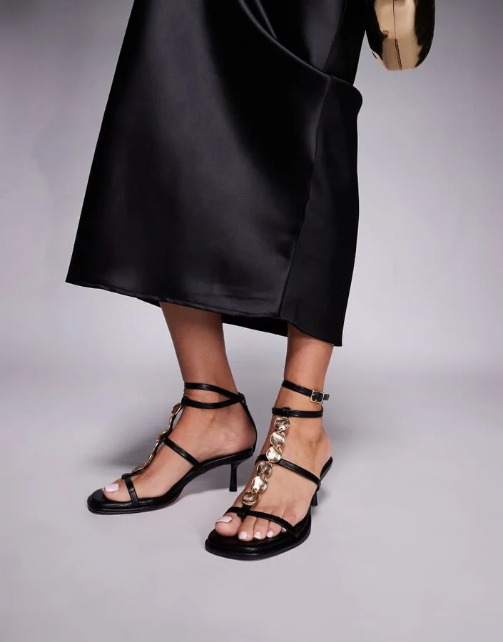 ASOS DESIGN Hyacinth gold trim detail mid heeled sandals in black - Image 4