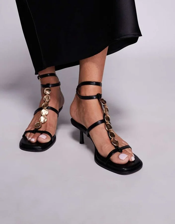ASOS DESIGN Hyacinth gold trim detail mid heeled sandals in black