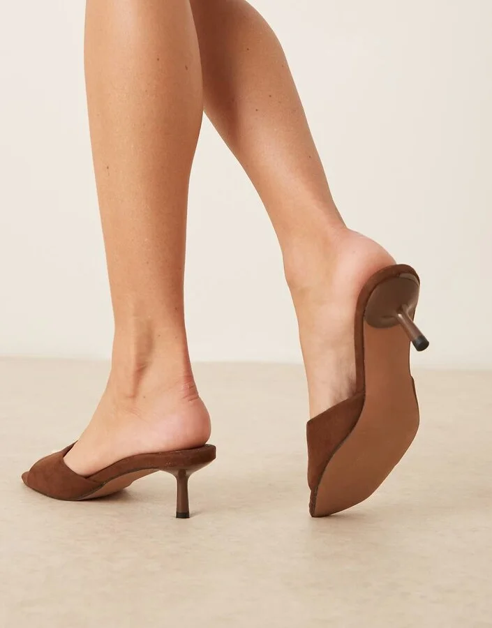 ASOS DESIGN Hyped kitten heeled mules in chocolate suedette - Image 2
