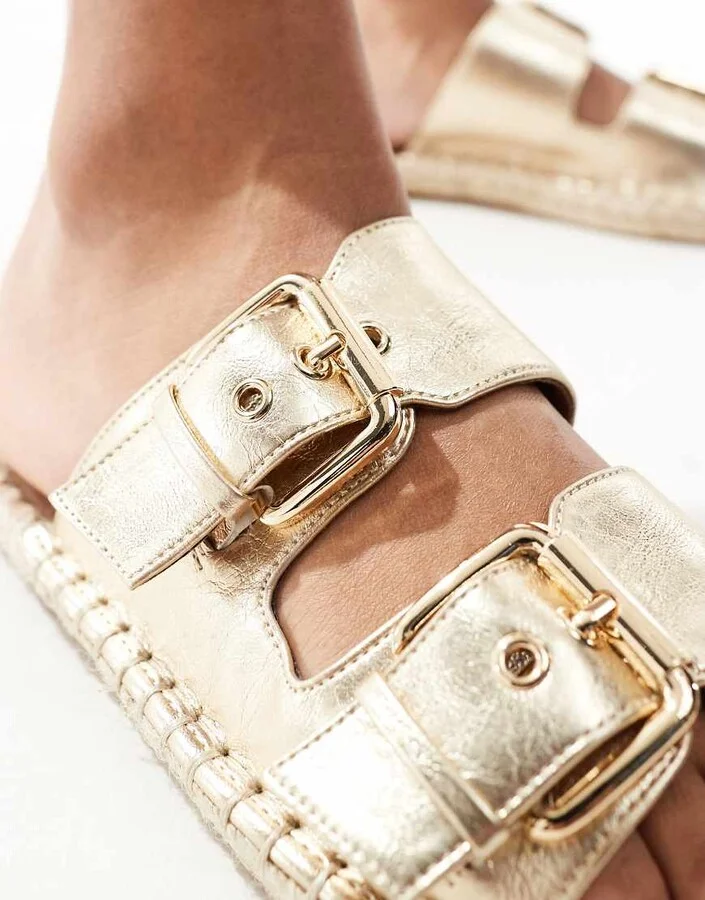 ASOS DESIGN Jada double buckle espadrille mules in gold metallic - Image 2