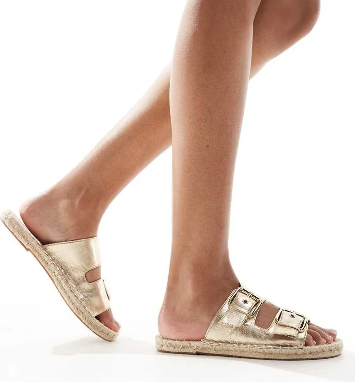 ASOS DESIGN Jada double buckle espadrille mules in gold metallic - Image 3