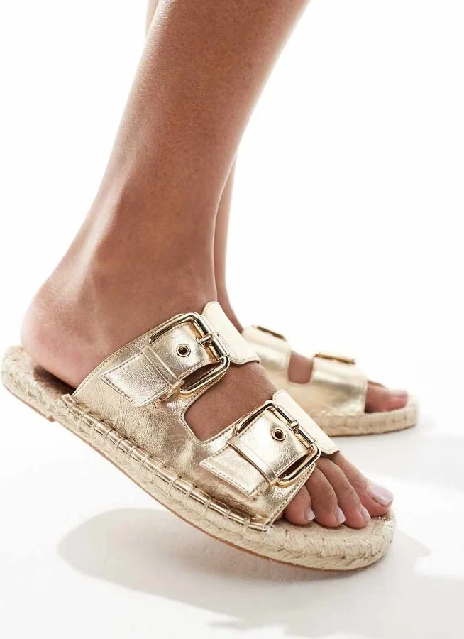 ASOS DESIGN Jada double buckle espadrille mules in gold metallic