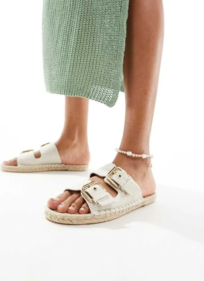 ASOS DESIGN Jada double buckle espadrille mules in natural linen - Image 4