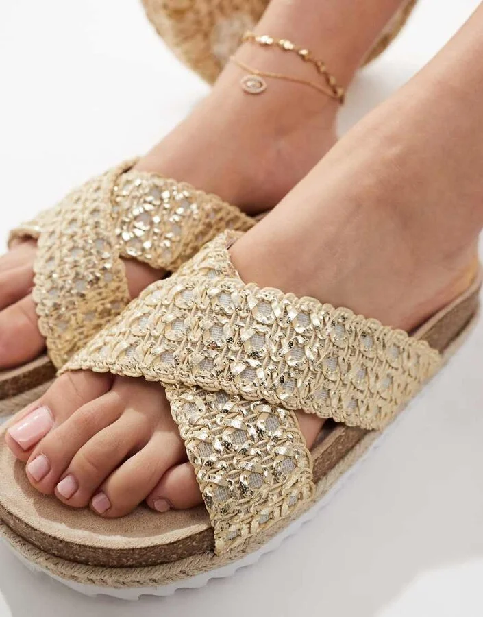ASOS DESIGN Jessica cross strap espadrille mule sandals in gold weave - Image 2