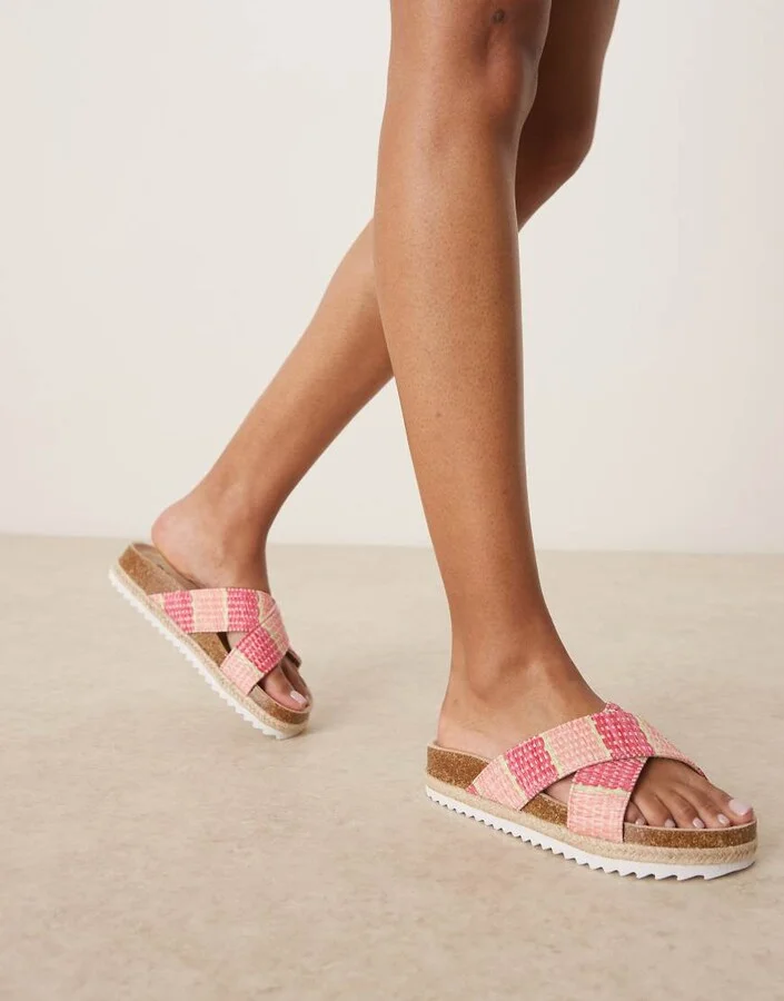 ASOS DESIGN Jessica cross strap espadrille mule sandals in pink raffia - Image 3