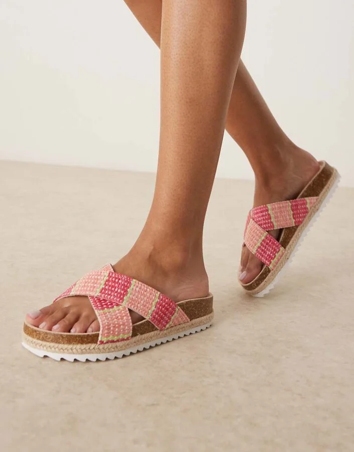 ASOS DESIGN Jessica cross strap espadrille mule sandals in pink raffia - Image 4