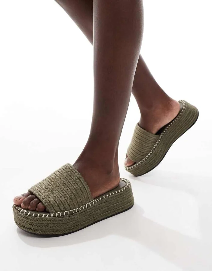 ASOS DESIGN Jordyn flatform espadrille mule sandals in khaki
