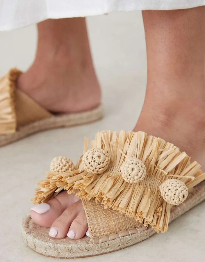 ASOS DESIGN Jovie raffia pom-pom espadrille mules in natural - Image 2