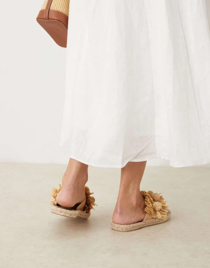 ASOS DESIGN Jovie raffia pom-pom espadrille mules in natural - Image 4