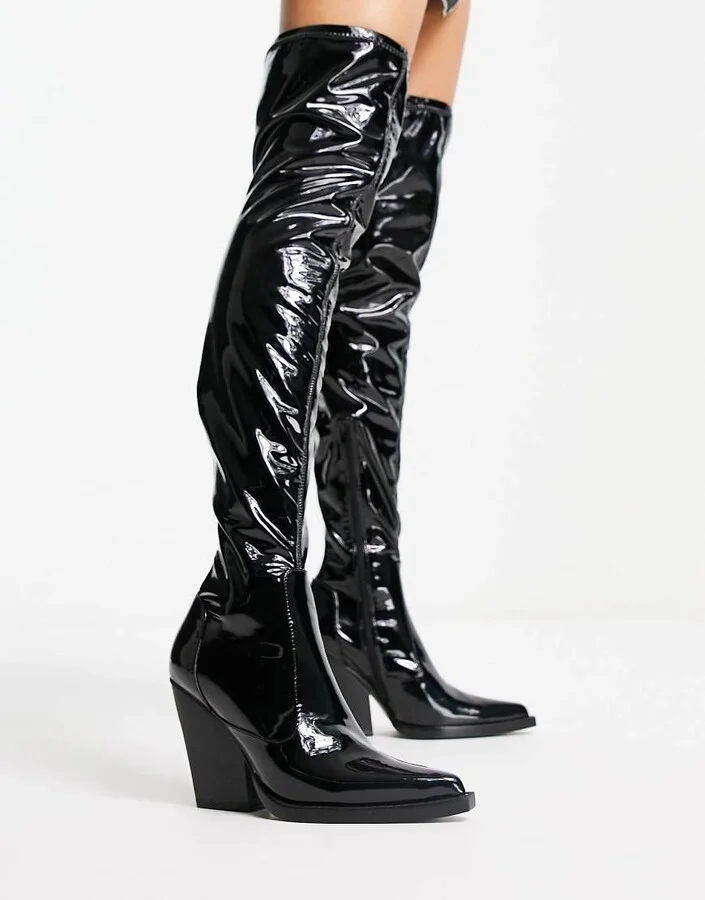 ASOS DESIGN Kansas heeled western over the knee boots in black patent - Image 2