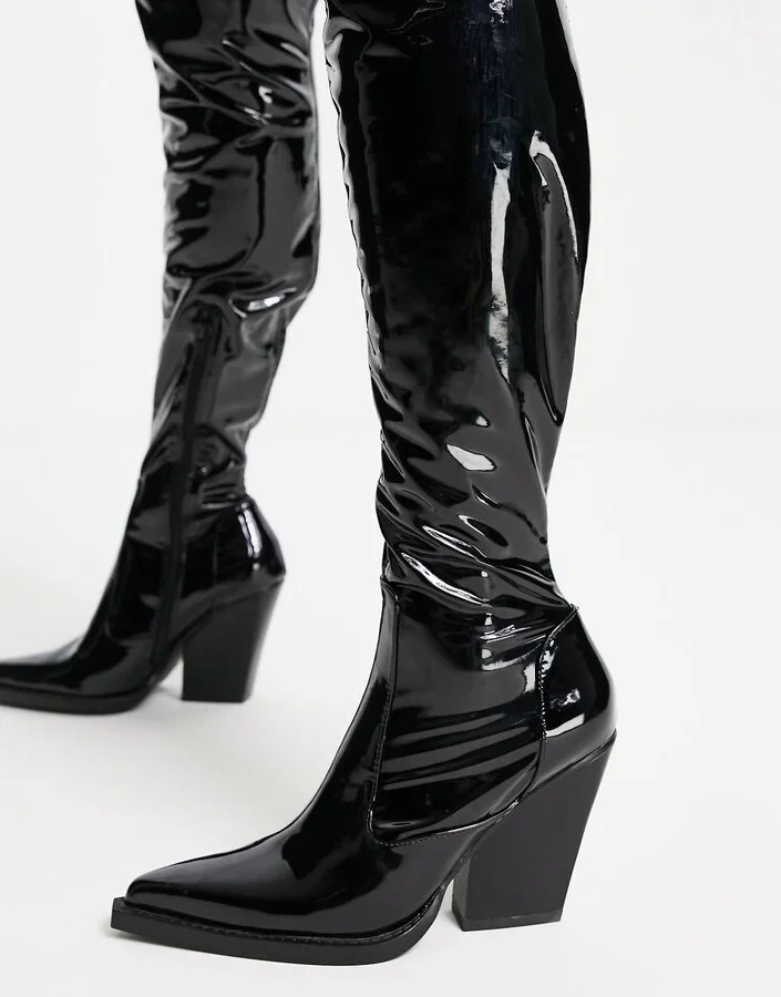 ASOS DESIGN Kansas heeled western over the knee boots in black patent - Image 4