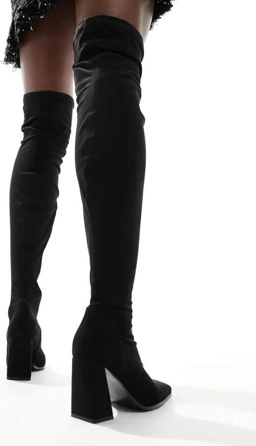 ASOS DESIGN Keely block-heeled over the knee boots in black micro - Image 2