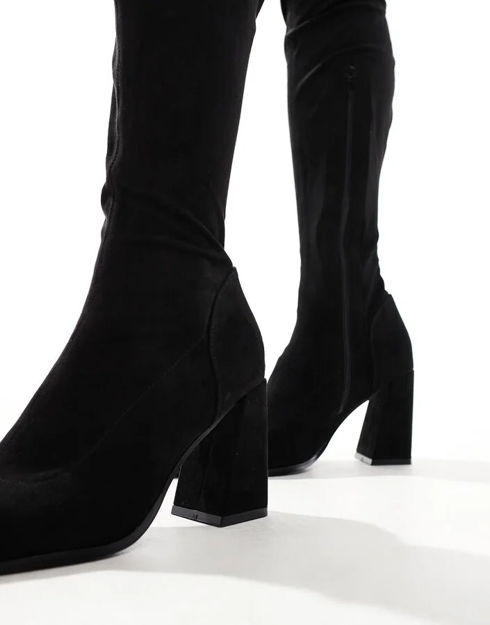 ASOS DESIGN Keely block-heeled over the knee boots in black micro - Image 4