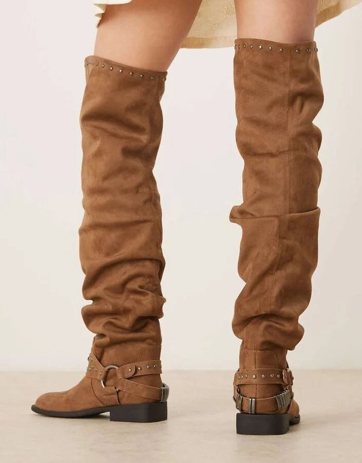 ASOS DESIGN Kimmy suedette over the knee boots with harness details in sand - Image 2