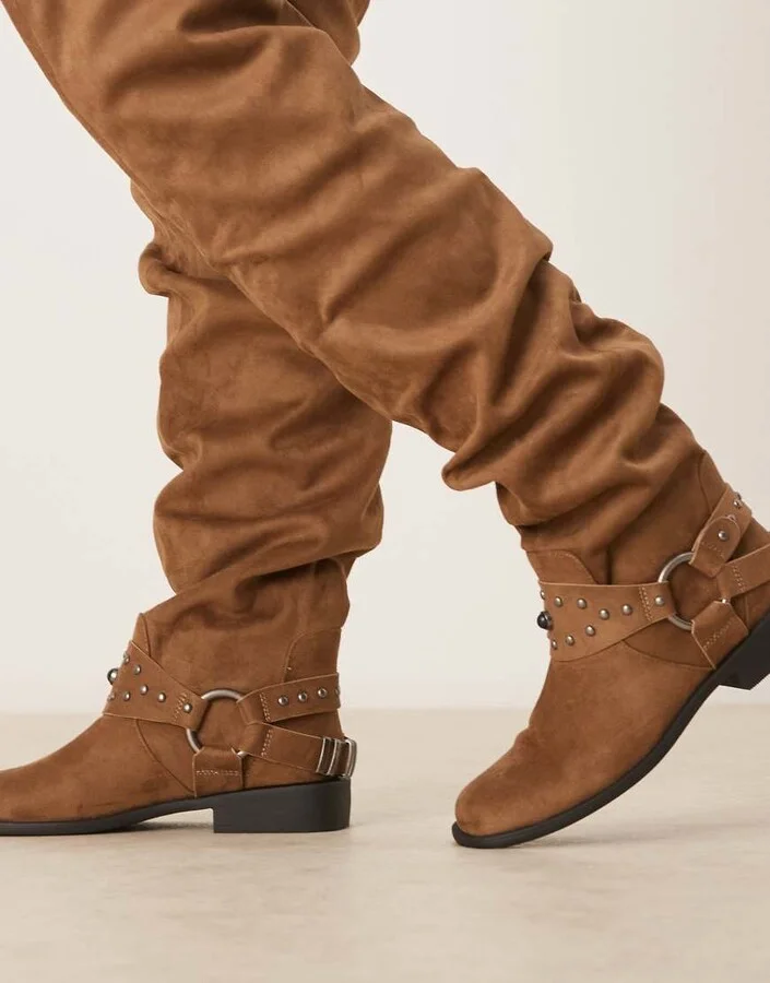 ASOS DESIGN Kimmy suedette over the knee boots with harness details in sand - Image 3