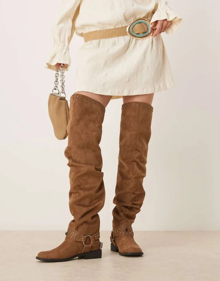 ASOS DESIGN Kimmy suedette over the knee boots with harness details in sand - Image 4