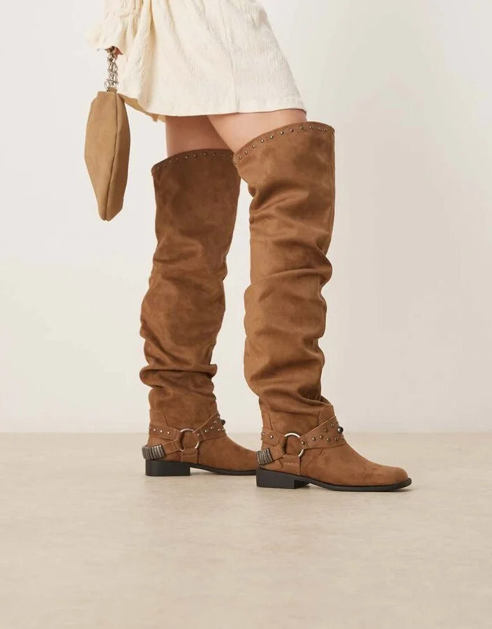 ASOS DESIGN Kimmy suedette over the knee boots with harness details in sand
