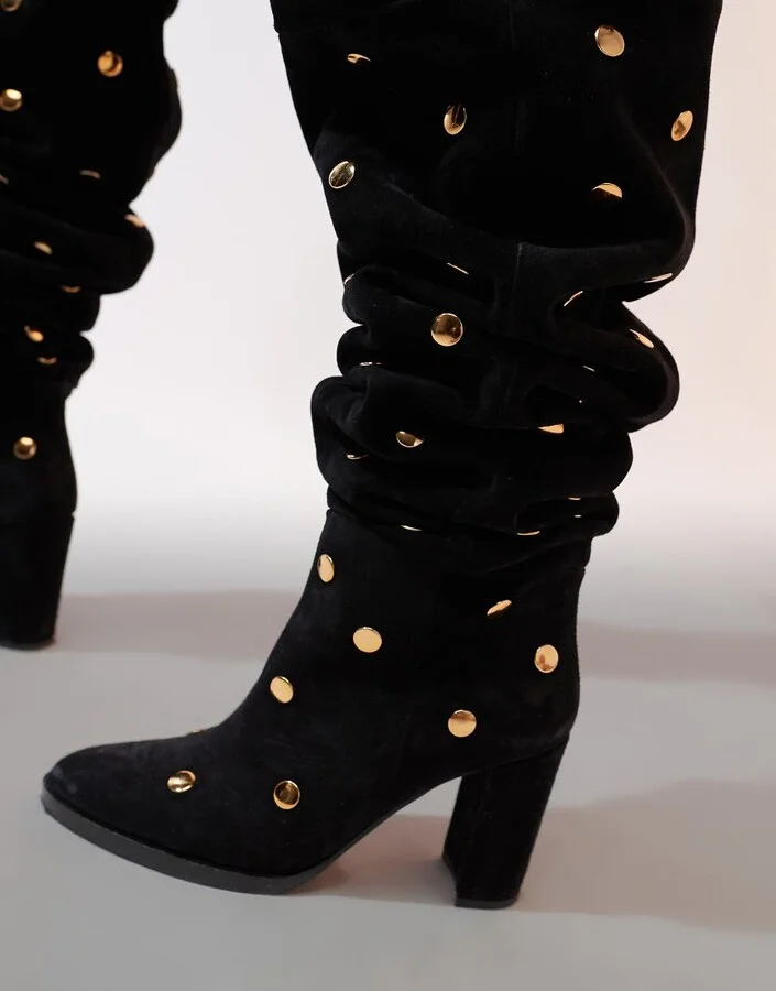 ASOS DESIGN King premium suede over-the-knee boots with gold studs in black - Image 3