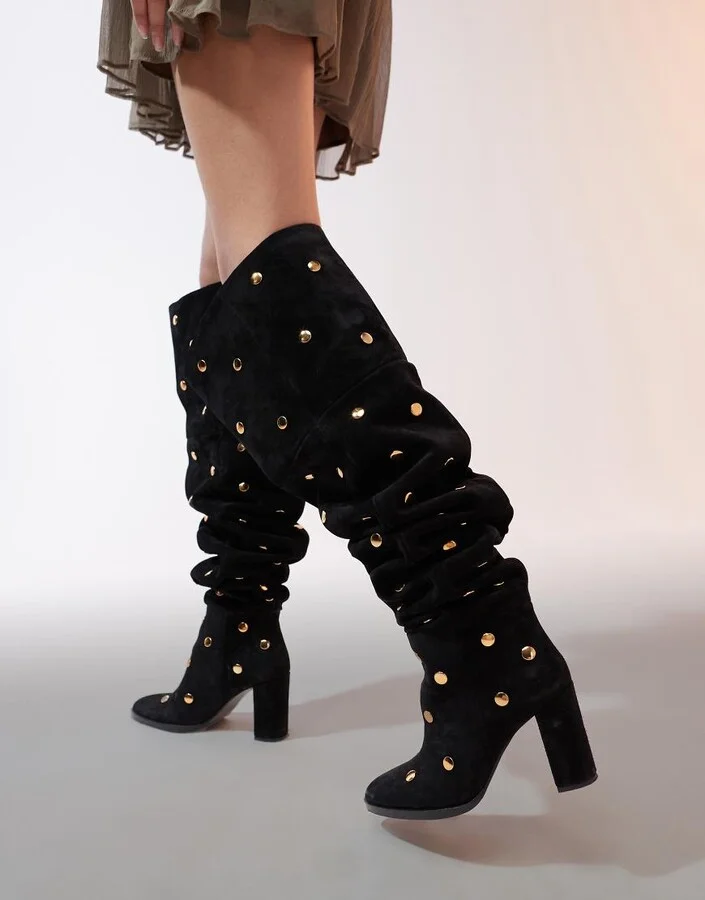 ASOS DESIGN King premium suede over-the-knee boots with gold studs in black - Image 4