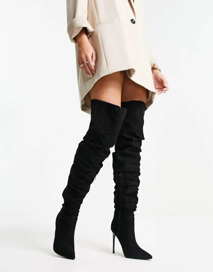 ASOS DESIGN Kingdom heeled ruched over the knee boots in black - Image 4