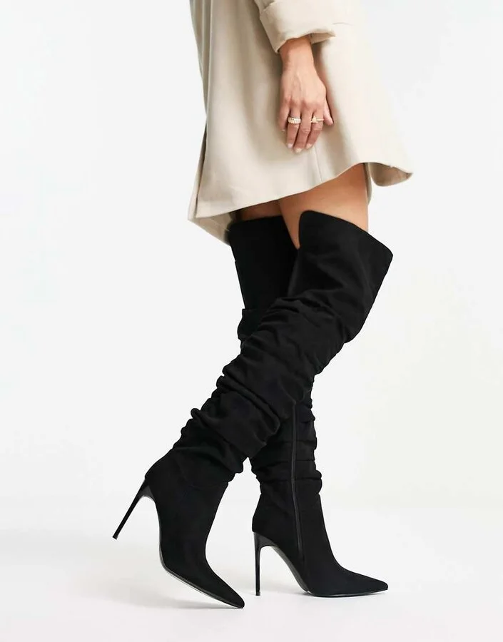 ASOS DESIGN Kingdom heeled ruched over the knee boots in black