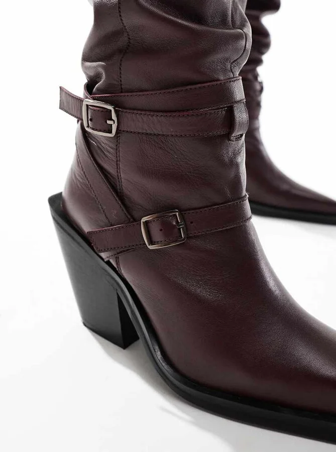 ASOS DESIGN Kingfisher leather ruched over the knee boots with buckles in burgundy - Image 2