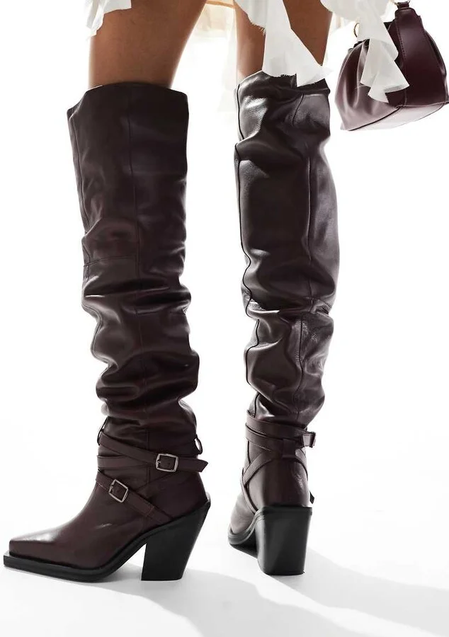 ASOS DESIGN Kingfisher leather ruched over the knee boots with buckles in burgundy - Image 3