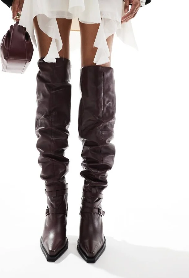 ASOS DESIGN Kingfisher leather ruched over the knee boots with buckles in burgundy - Image 4