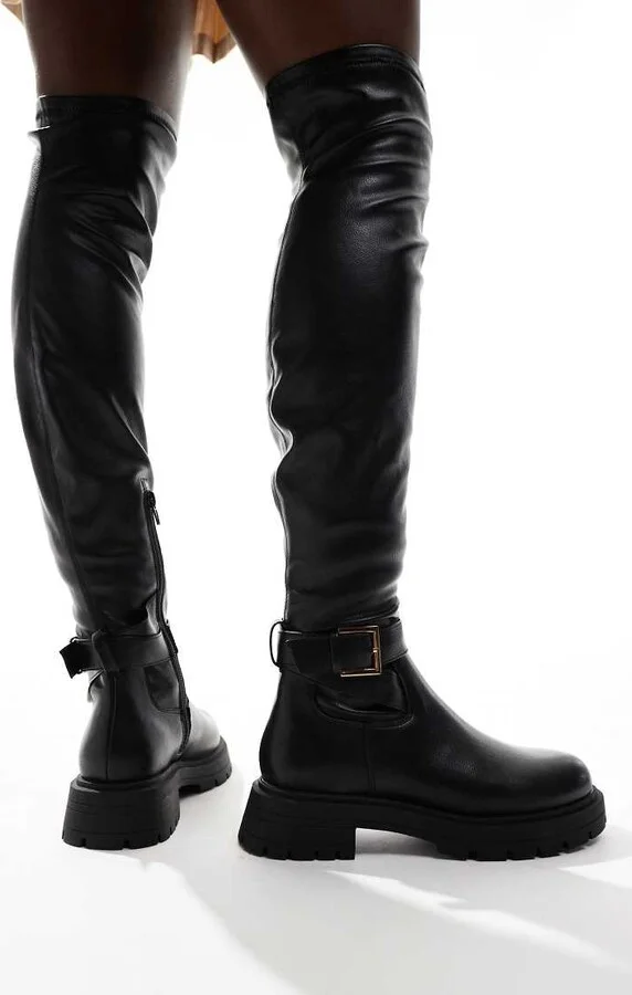 ASOS DESIGN Kirby buckle detail flat over the knee boots in black - Image 4