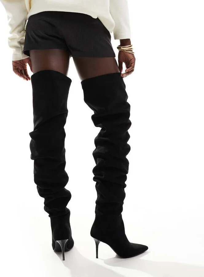 ASOS DESIGN Knock ruched heeled over the knee boots in black - Image 3