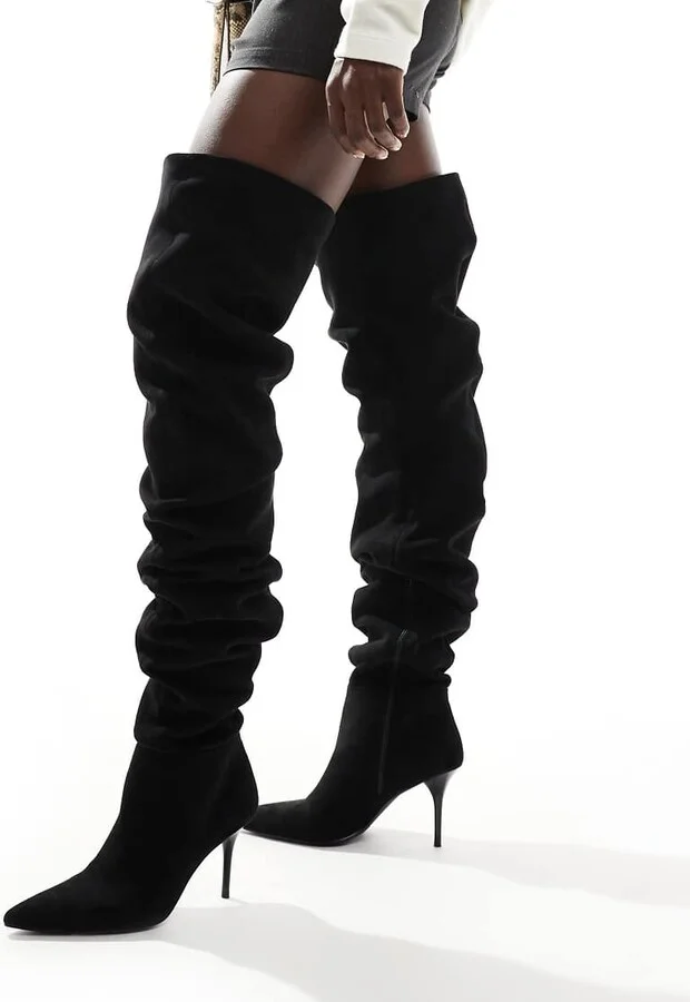 ASOS DESIGN Knock ruched heeled over the knee boots in black