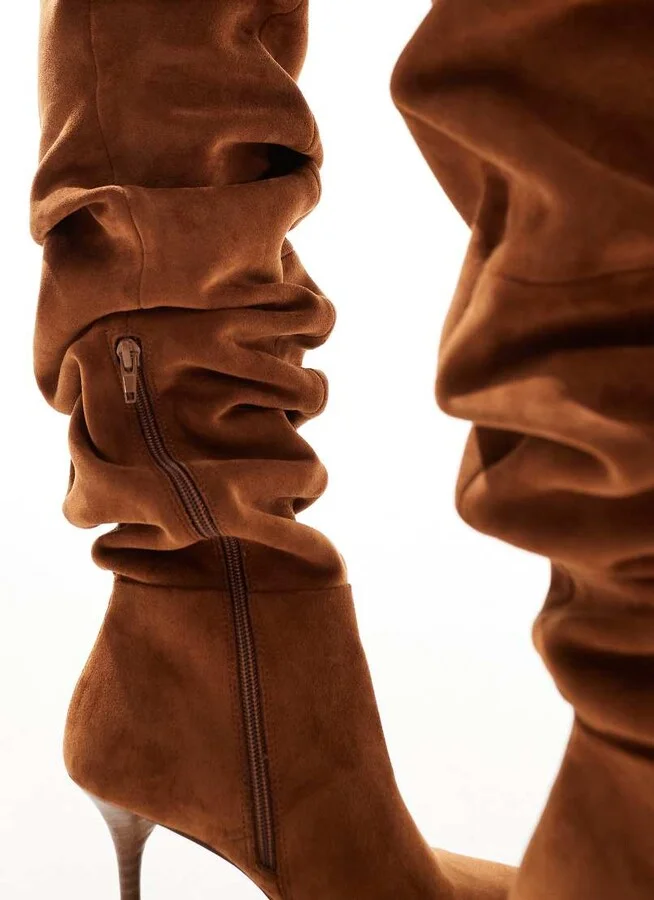 ASOS DESIGN Knock ruched heeled over the knee boots in tan - Image 3