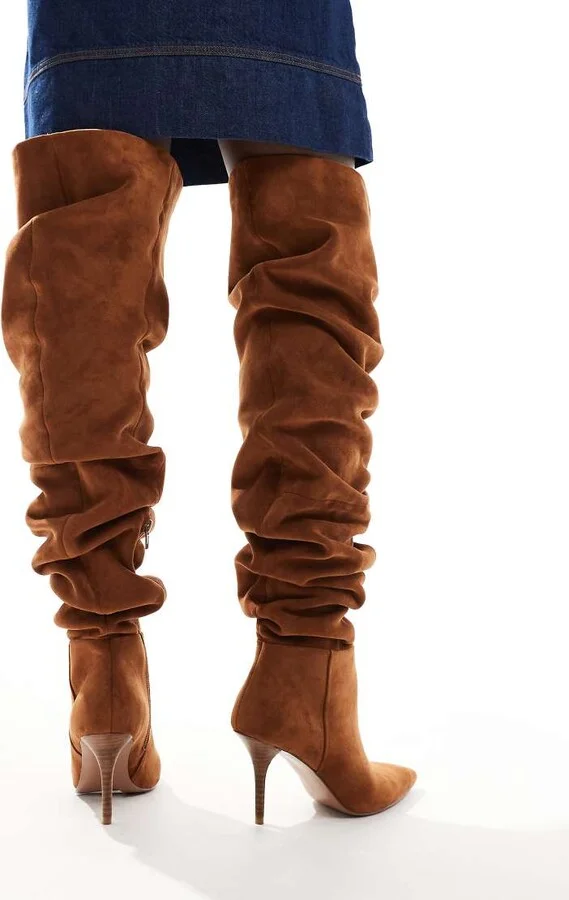 ASOS DESIGN Knock ruched heeled over the knee boots in tan - Image 4