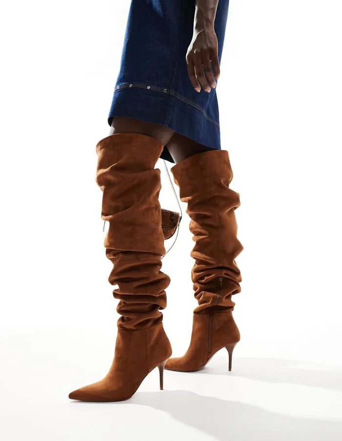 ASOS DESIGN Knock ruched heeled over the knee boots in tan