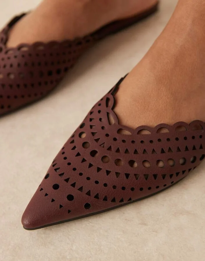 ASOS DESIGN Labyrinth cut-out pointed flat mules in burgundy - Image 2