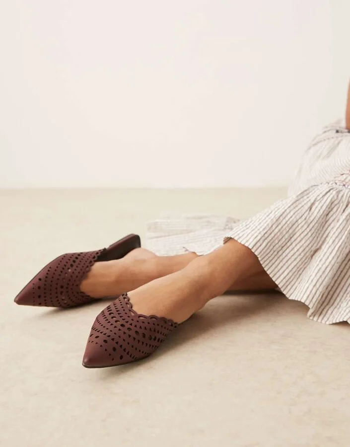 ASOS DESIGN Labyrinth cut-out pointed flat mules in burgundy - Image 3