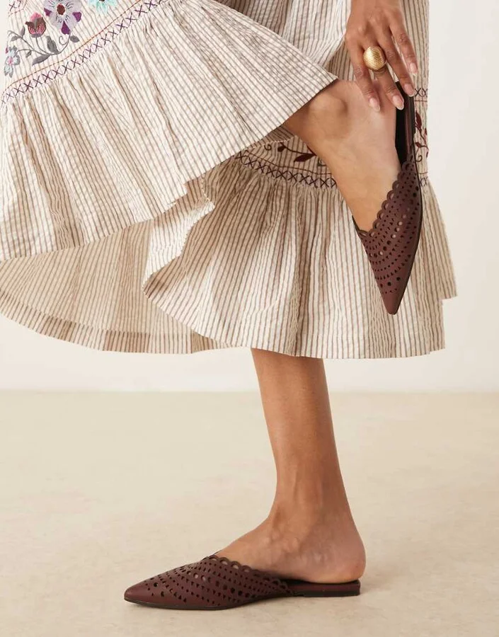 ASOS DESIGN Labyrinth cut-out pointed flat mules in burgundy - Image 4