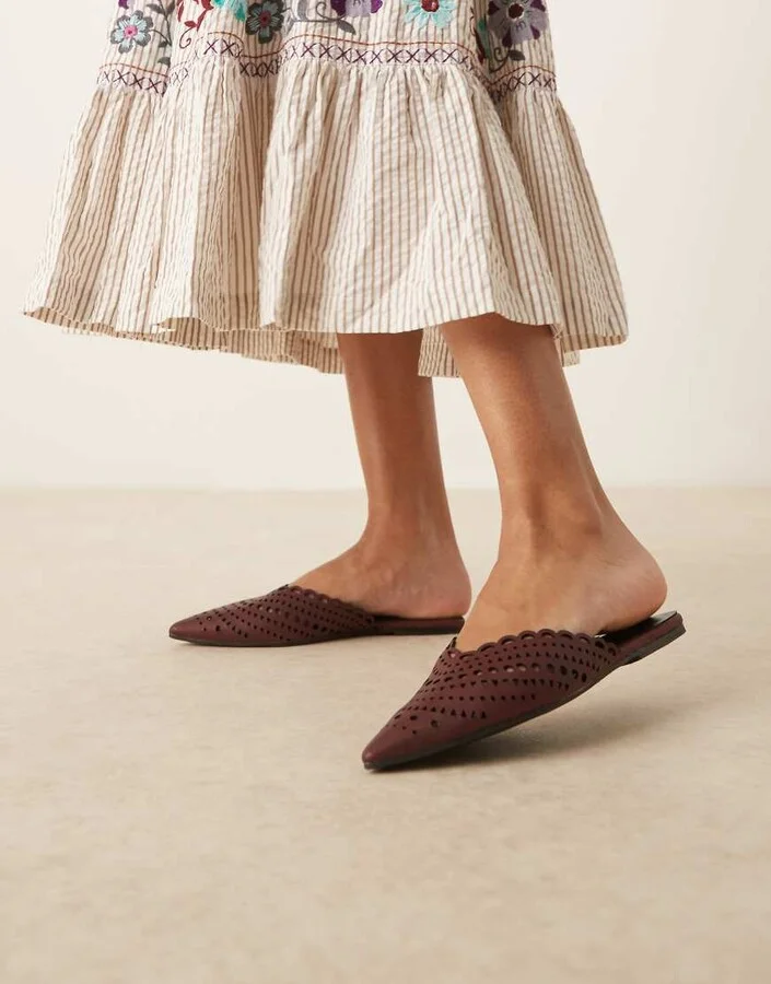 ASOS DESIGN Labyrinth cut-out pointed flat mules in burgundy