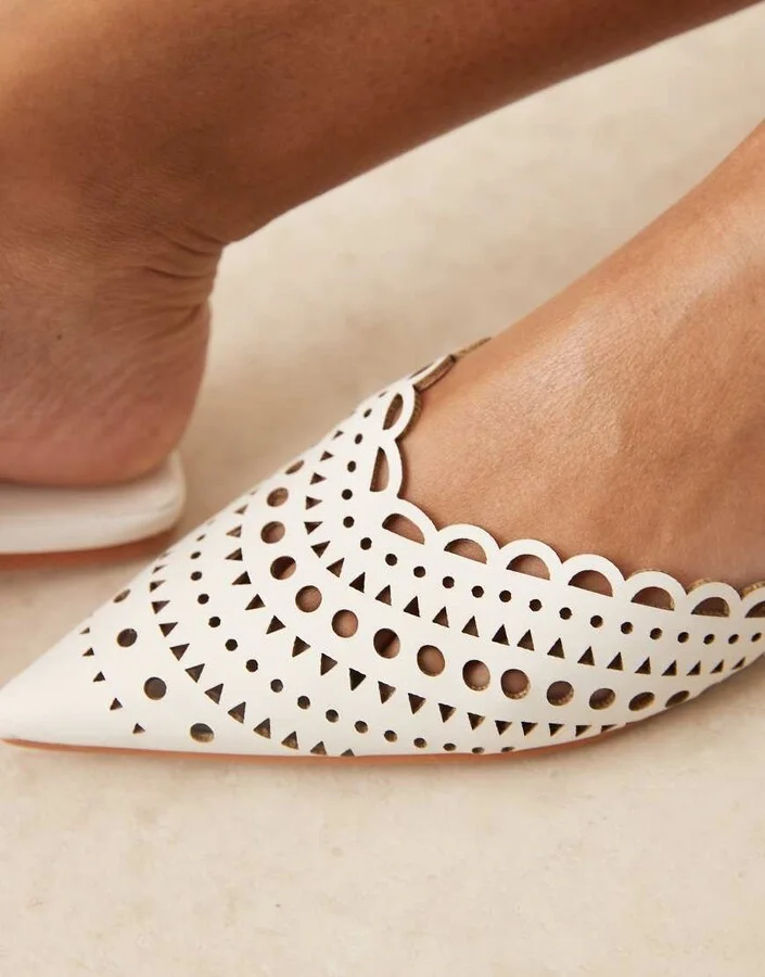 ASOS DESIGN Labyrinth cut-out pointed flat mules in white - Image 2