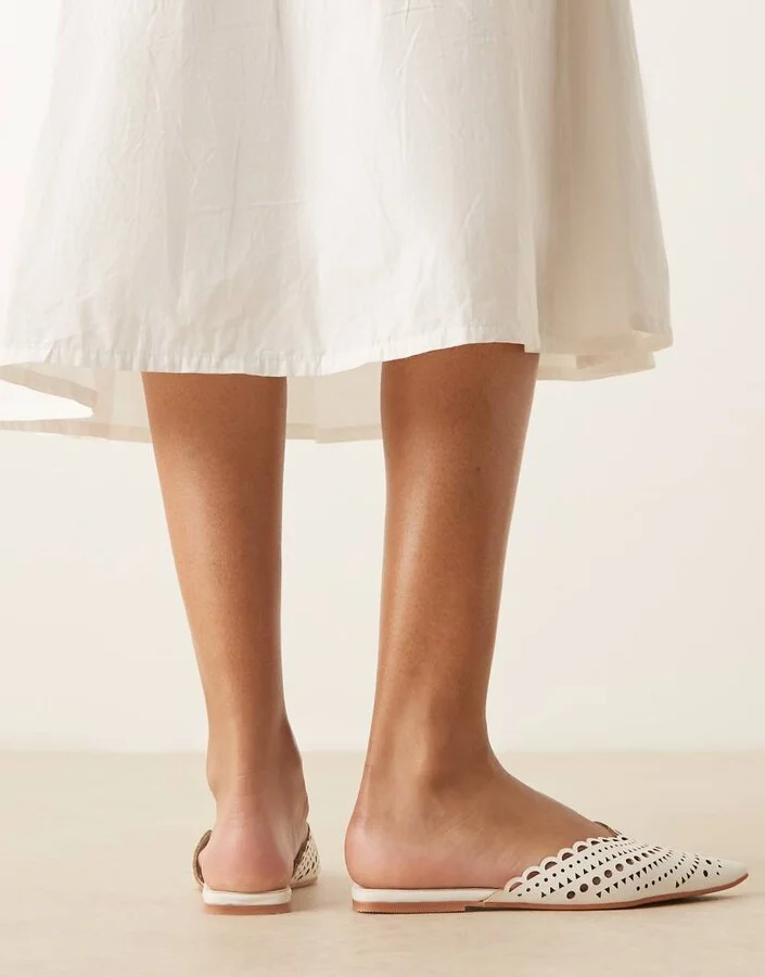 ASOS DESIGN Labyrinth cut-out pointed flat mules in white - Image 3