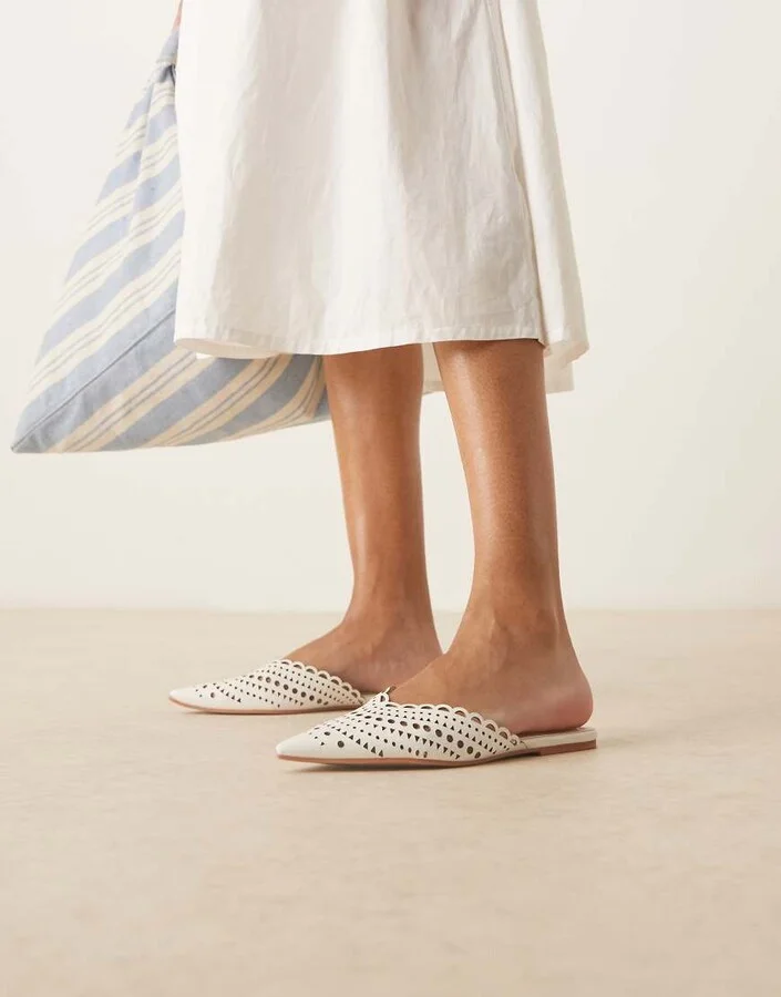 ASOS DESIGN Labyrinth cut-out pointed flat mules in white - Image 4