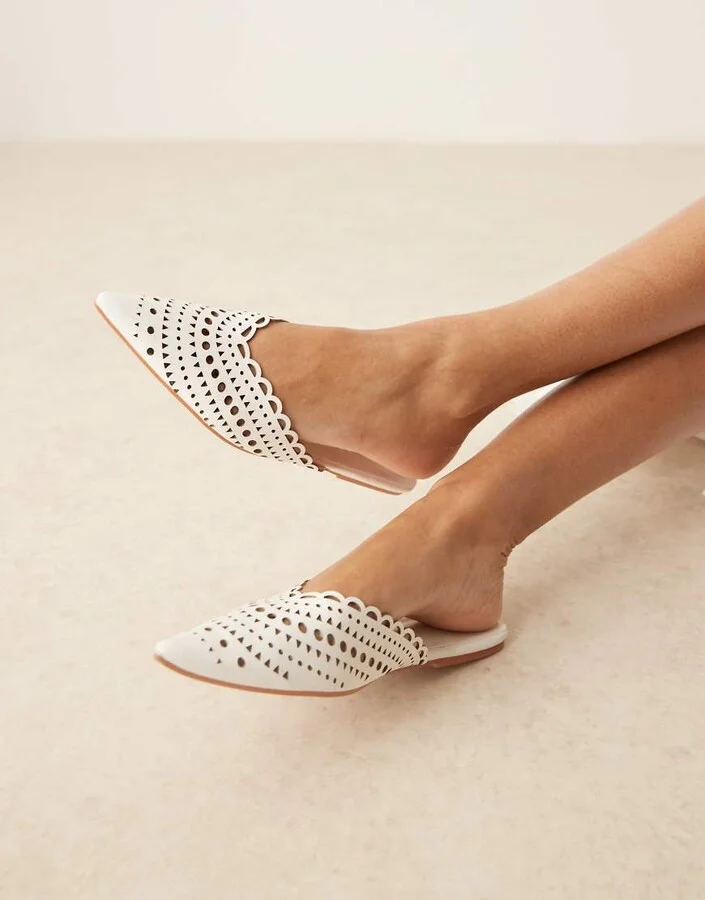 ASOS DESIGN Labyrinth cut-out pointed flat mules in white
