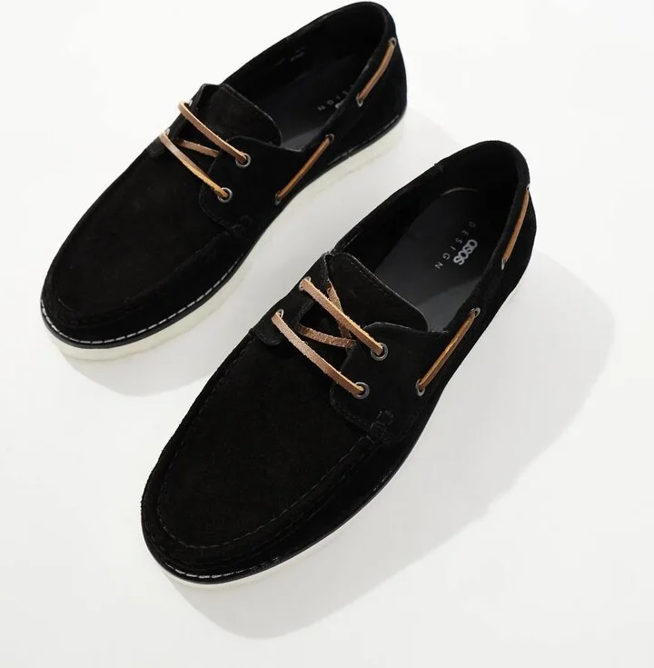 ASOS DESIGN lace up boat shoes in black suede - Image 2