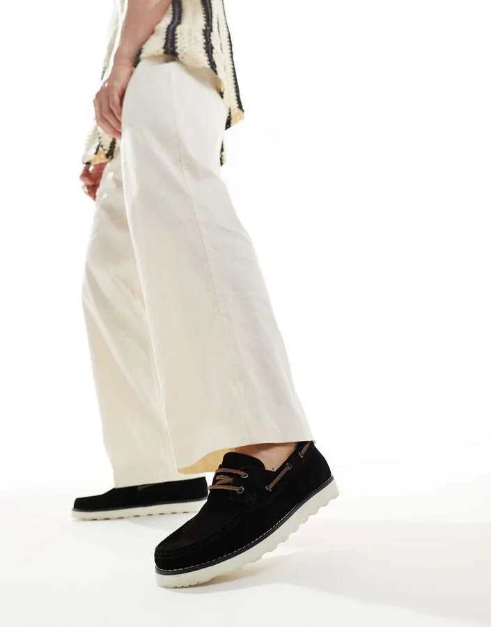 ASOS DESIGN lace up boat shoes in black suede - Image 3