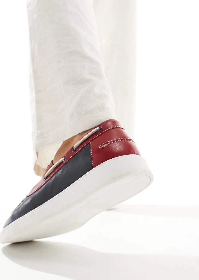ASOS DESIGN lace up boat shoes in navy suede with red and white details - Image 2