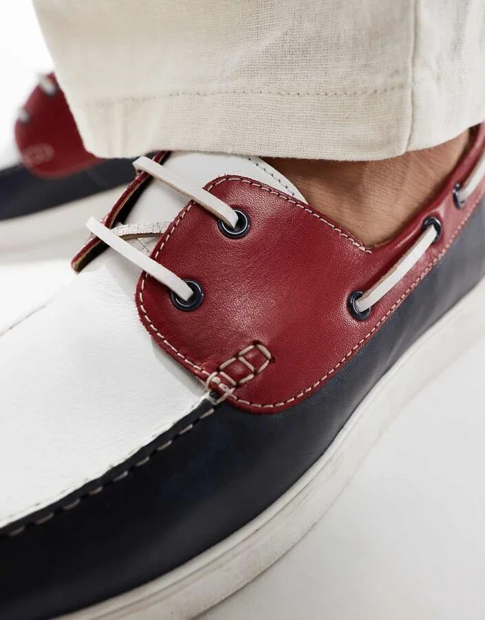 ASOS DESIGN lace up boat shoes in navy suede with red and white details - Image 3