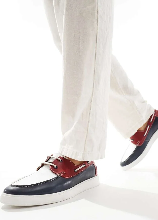ASOS DESIGN lace up boat shoes in navy suede with red and white details - Image 4