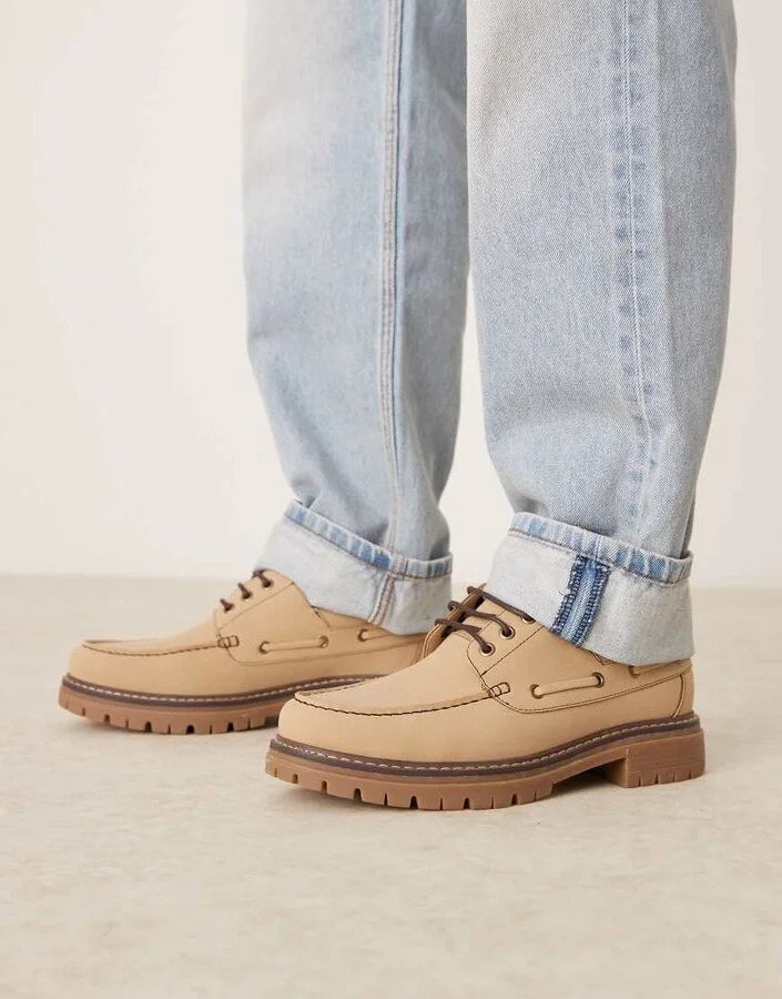 ASOS DESIGN lace up boat shoes in stone